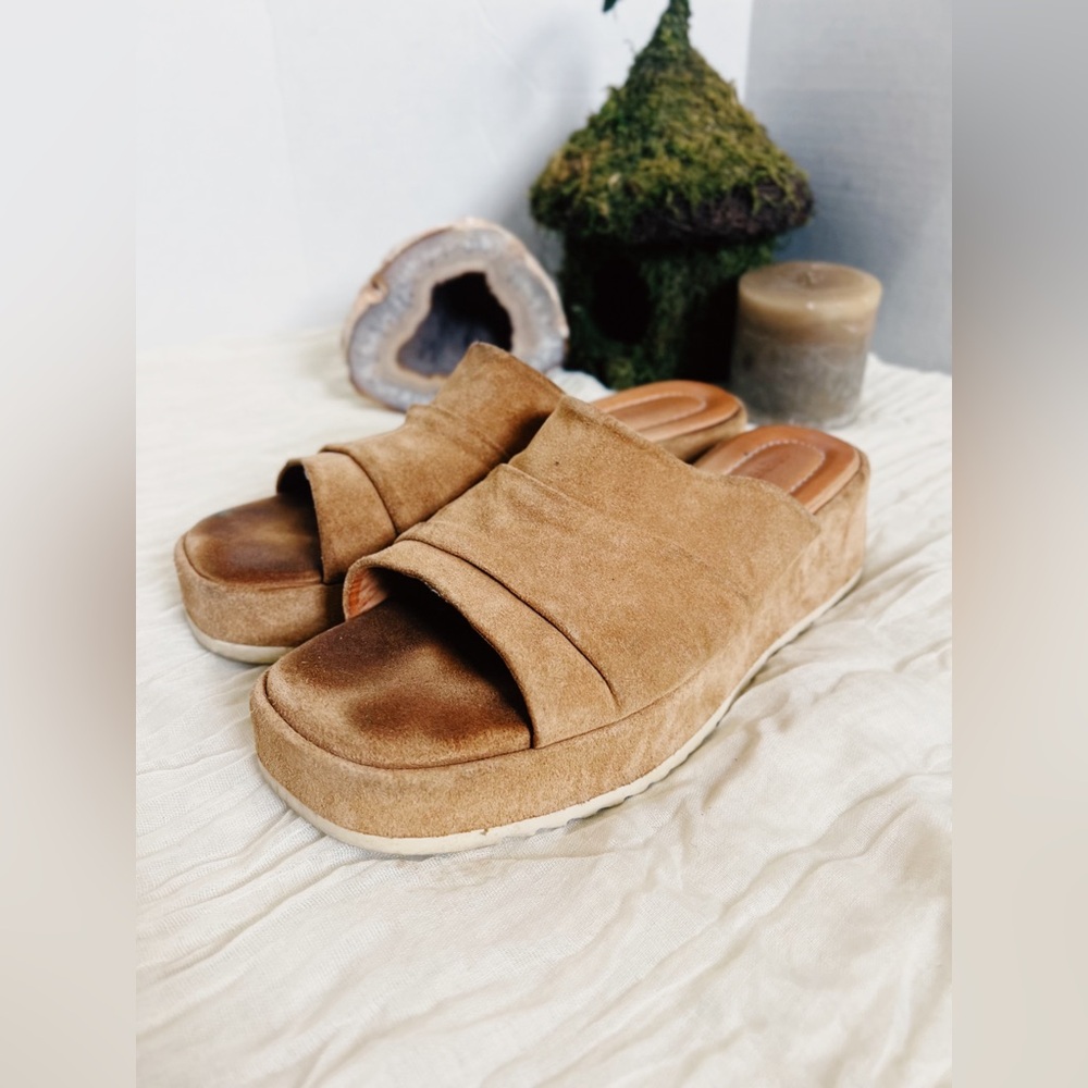 Greyder Suede Comfort Open Toe Camel Tan Wedge Mules size 7.5